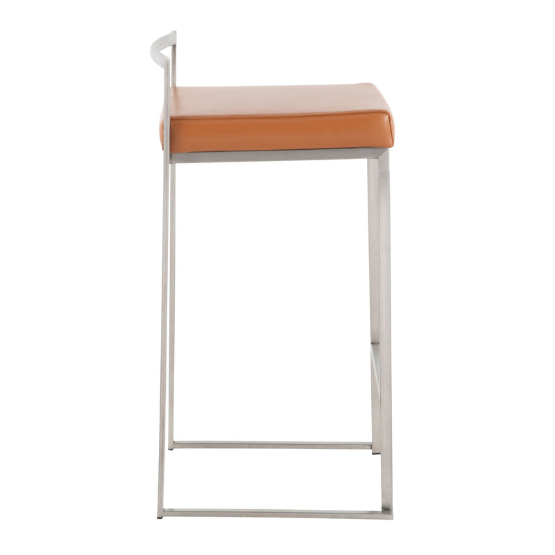 Set of three contemporary Lumi Source Fuji stackable counter stools with sleek design and wooden legs.