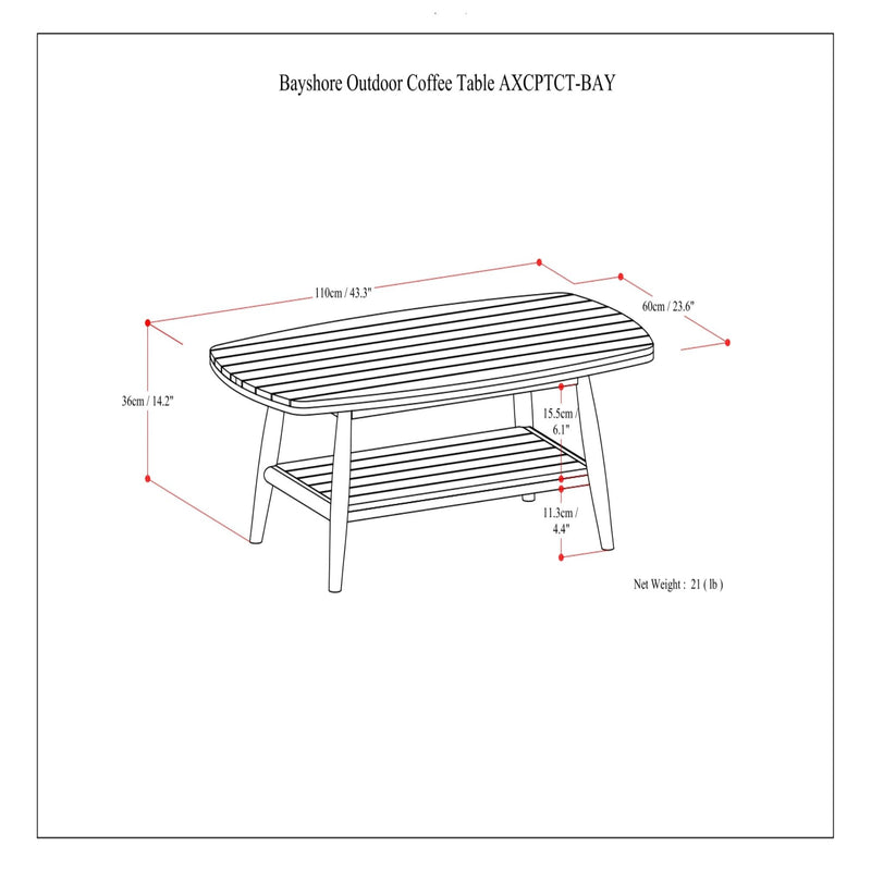 Simpli-Home Bayshore outdoor coffee table in light teak wood with slatted top and sturdy legs for patio or garden use.
