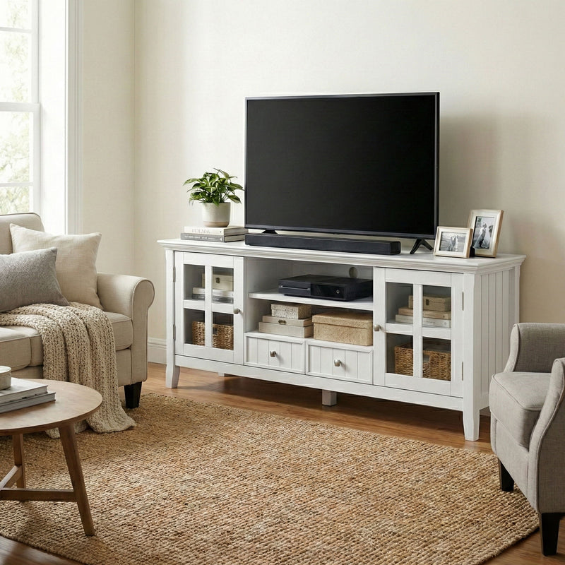 Simpli-Home Acadian TV media stand with open shelves and storage compartments, made of wood in a modern design.