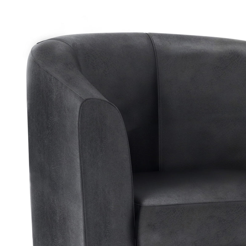 Handcrafted Austin arm chair by Simpli-Home with cushioned fabric upholstery and wooden legs, designed for comfortable seating.