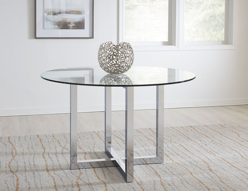 Modus Amalfi 48-inch round glass top dining table with a composite base, showcasing a sleek, modern design.