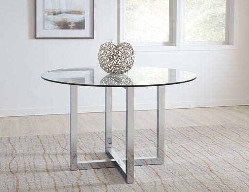 Modus Amalfi 48-inch round glass top dining table with a composite base, showcasing a sleek, modern design.