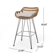 Noble House outdoor rattan bar chair with metal legs, part of a stylish stool set, featuring woven rattan seat and sturdy metal frame