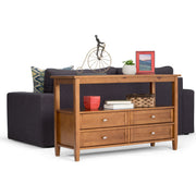 Handcrafted Warm Shaker coffee table by Simpli-Home with a wooden finish and sturdy design, shown from a top angle.
