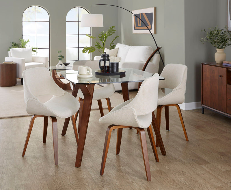 Pair of Lumi Source Fabrico Mid Century Modern Style Dining Chairs set, with sleek wooden legs and upholstered seats.
