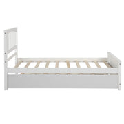 DreamHaus platform bed with a built-in trundle, showcasing a modern design with clean lines and a sturdy wooden frame.