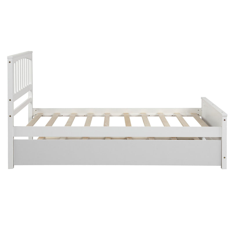 DreamHaus platform bed with a built-in trundle, showcasing a modern design with clean lines and a sturdy wooden frame.