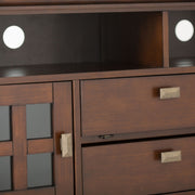 Rustic Russet Brown Artisan TV media stand by Simpli-Home with open shelves and storage compartments.