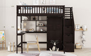 DreamHaus loft bed with built-in bookshelf, drawers, desk, and wardrobe, showcasing a compact multi-functional bedroom furniture piece.