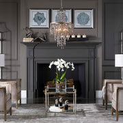 Uttermost Valka 6-light crystal chandelier with light brown finish, featuring cascading crystal accents and elegant chandelier design.