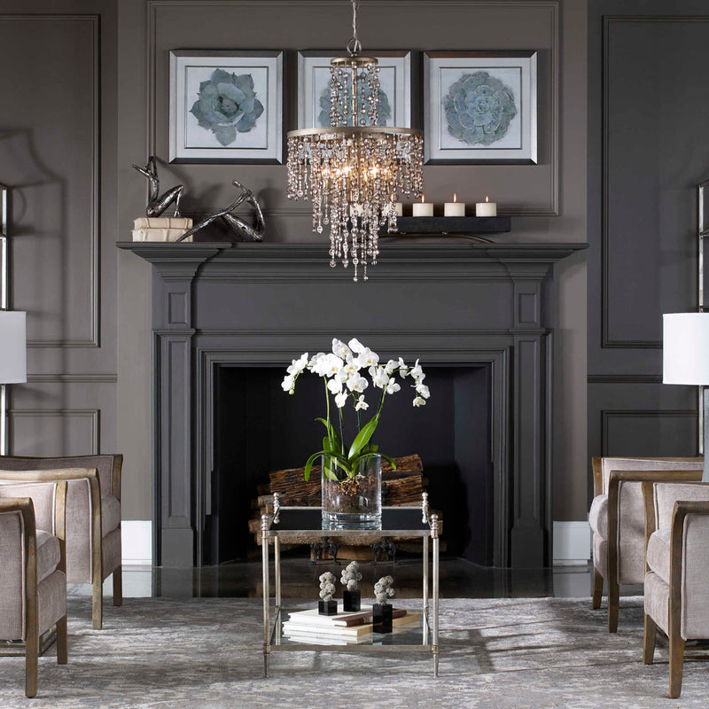 Uttermost Valka 6-light crystal chandelier with light brown finish, featuring cascading crystal accents and elegant chandelier design.