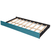 DreamHaus upholstered daybed sofa bed with trundle and wood slat base, showcasing plush fabric and sturdy wooden frame.