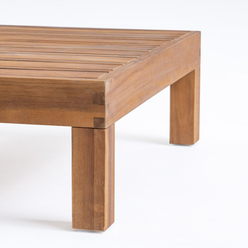 Noble House Mythical square outdoor coffee table with teak frame and slat top, weather-resistant patio furniture piece
