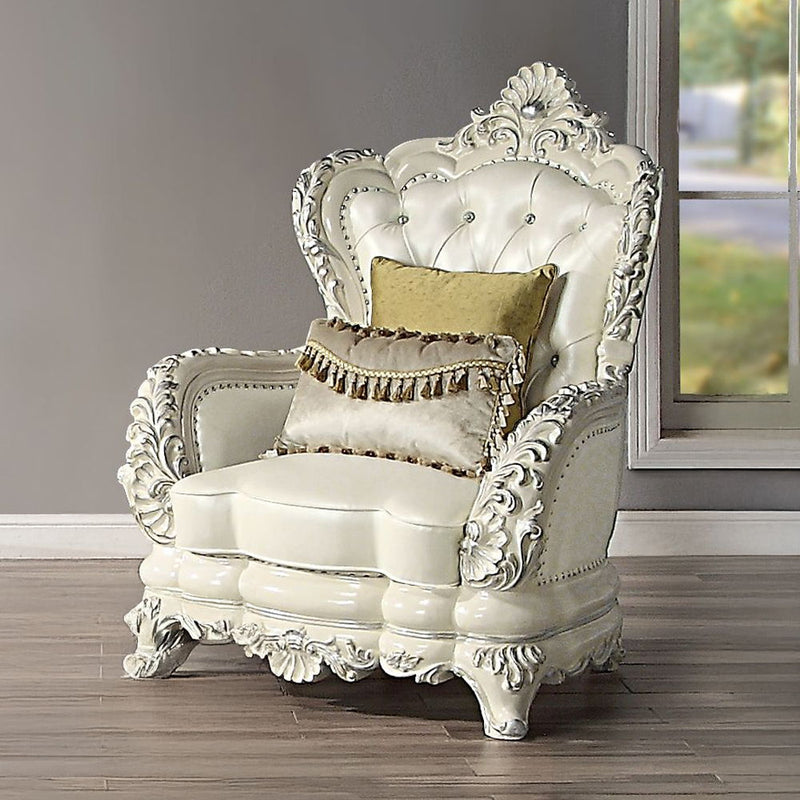Adara - Chair With 2 Pillows - Pearl White Synthetic Leather & Antique White