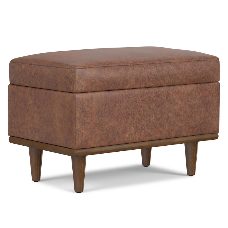 Small storage ottoman by Simpli-Home with a cushioned top and wooden legs, ideal for living room storage and seating.