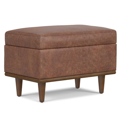 Small storage ottoman by Simpli-Home with a cushioned top and wooden legs, ideal for living room storage and seating.