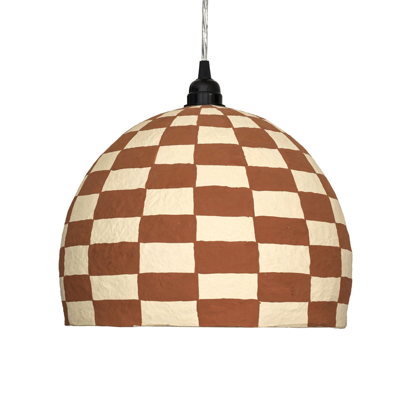 TOV Furniture Taurus cotton mache pendant lamp in white and terracotta, hanging with a smooth, rounded design for modern lighting.