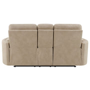 Elison - Motion Loveseat With Console - Dark Beige Polish Microfiber - R&R Furniture Gallery (Fountain Valley, CA)