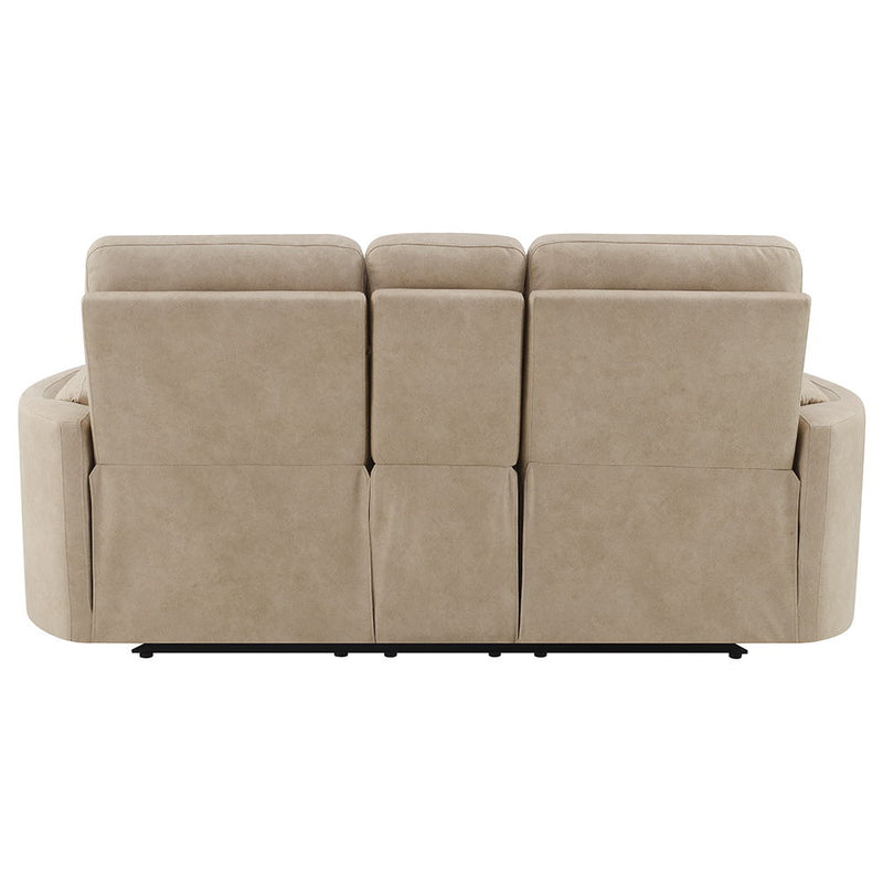 Elison - Motion Loveseat With Console - Dark Beige Polish Microfiber - R&R Furniture Gallery (Fountain Valley, CA)