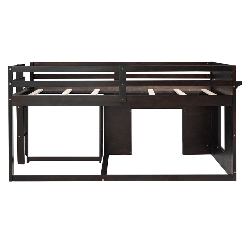 DreamHaus loft bed with integrated cabinet and shelf, featuring a sturdy wooden frame and space-saving design for kids' bedrooms.