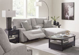 Acklen Place 4-piece power reclining sectional sofa with RAF chaise, wide seat power recliner in pewter fabric, by Signature Design Ashley.