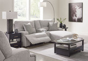 Acklen Place 4-piece power reclining sectional sofa with RAF chaise, wide seat power recliner in pewter fabric, by Signature Design Ashley.
