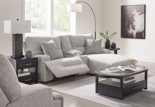 Acklen Place 4-piece power reclining sectional sofa with RAF chaise, wide seat power recliner in pewter fabric, by Signature Design Ashley.