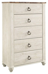 Willowton - Five Drawer Chest - Brown / Beige / White - R&R Furniture Gallery (Fountain Valley, CA)