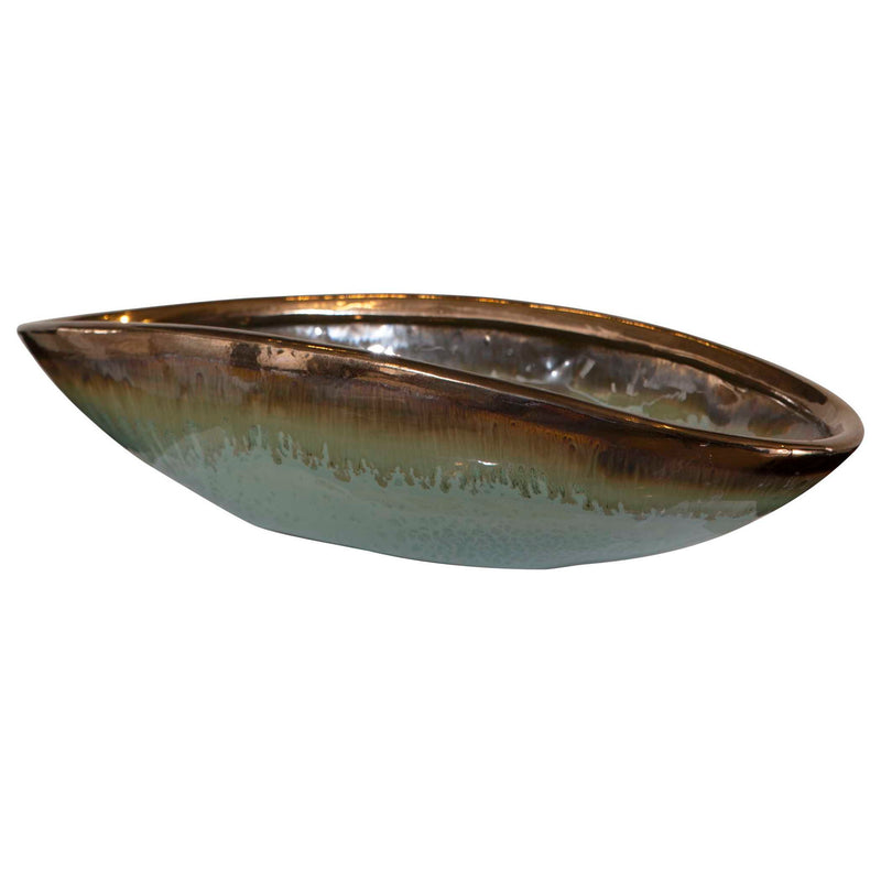 Green Iroquois glaze bowl by Uttermost, ceramic plate with a glossy finish, showcasing vibrant green color and smooth rounded shape.