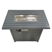 Gray propane outdoor fire pit table with lid, featuring a modern design and sturdy construction from LSI Patio Furniture.