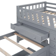 DreamHaus loft platform bed with 7 drawers, full guardrails, and modern L-shape design, showcasing space-saving bedroom furniture.