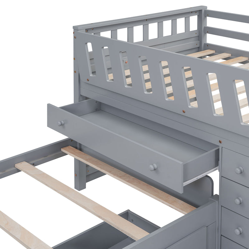 DreamHaus loft platform bed with 7 drawers, full guardrails, and modern L-shape design, showcasing space-saving bedroom furniture.