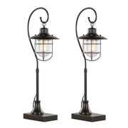 Set of two Landen contemporary task lamps by Lumi Source in oil rubbed bronze with clear glass shades, designed for modern workspace lighting.