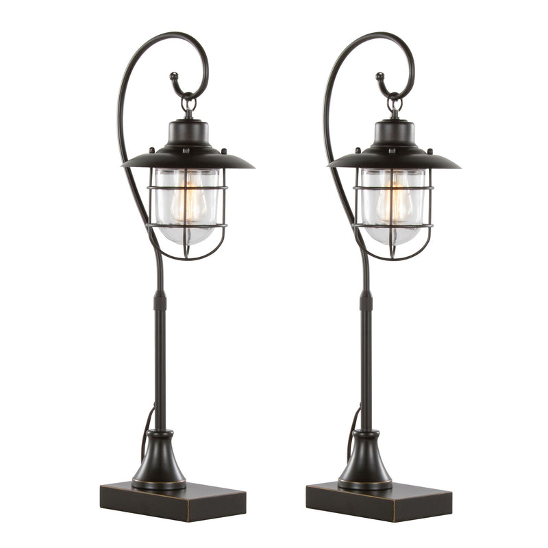 Set of two Landen contemporary task lamps by Lumi Source in oil rubbed bronze with clear glass shades, designed for modern workspace lighting.