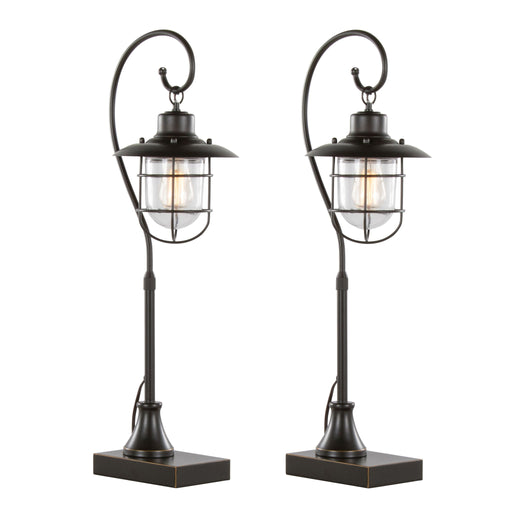 Set of two Landen contemporary task lamps by Lumi Source in oil rubbed bronze with clear glass shades, designed for modern workspace lighting.