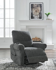 Aureta Power Lift Recliner by Signature Design Ashley showing a plush, beige fabric chair with a built-in lift mechanism.