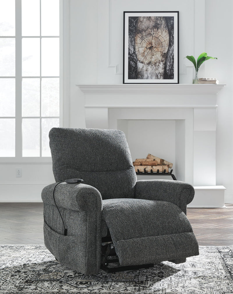 Aureta Power Lift Recliner by Signature Design Ashley showing a plush, beige fabric chair with a built-in lift mechanism.