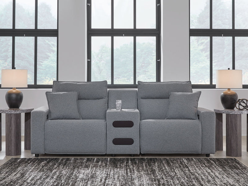 Signature Design by Ashley Modmax II reclining sectional in salt and pepper fabric, showing plush cushions and reclining features.