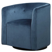 Blue Uttermost Mallorie swivel chair with a rounded back and cushioned seat, showcasing elegant modern design.