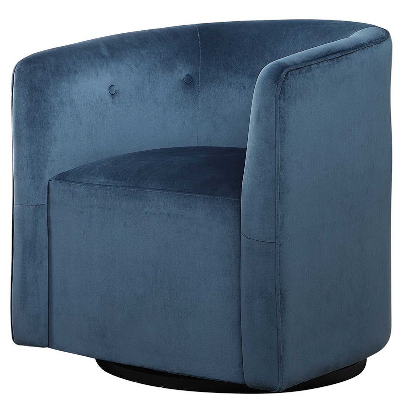 Blue Uttermost Mallorie swivel chair with a rounded back and cushioned seat, showcasing elegant modern design.