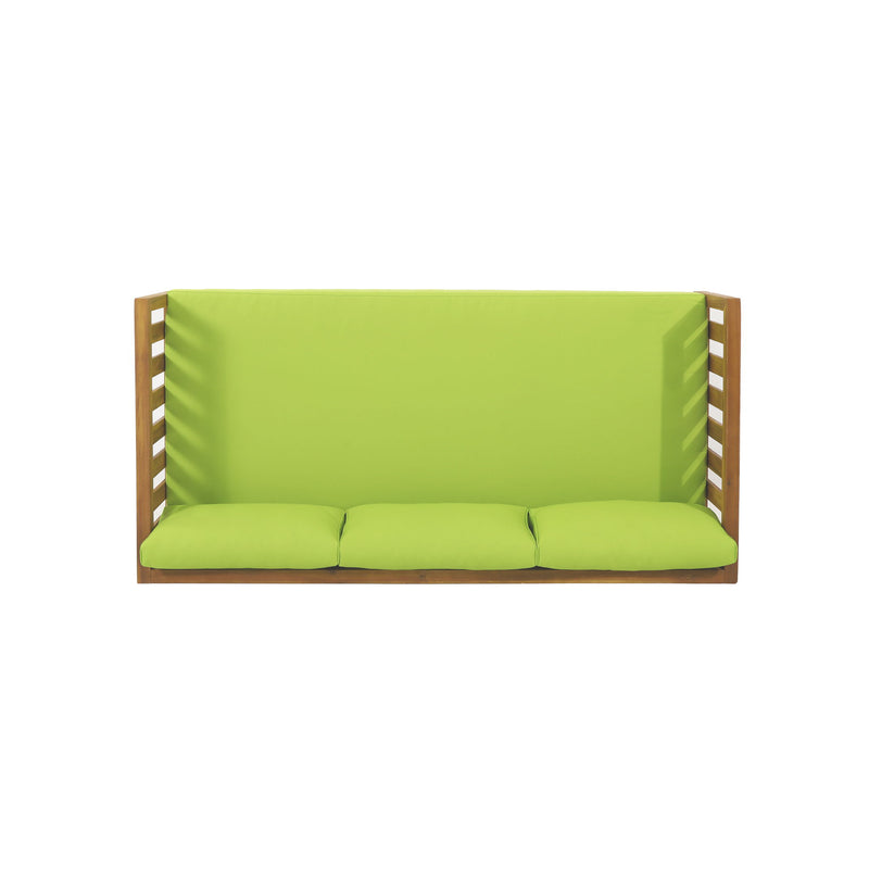Noble House Claremont 3-seater teak acacia wood daybed sofa with water-resistant cushions, ideal for outdoor lounging.