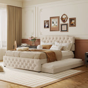 Upholstered Platform Bed With Trundle And 2 Sets Of USB Ports On Each Side, Fabric - R&R Furniture Gallery (Fountain Valley, CA)
