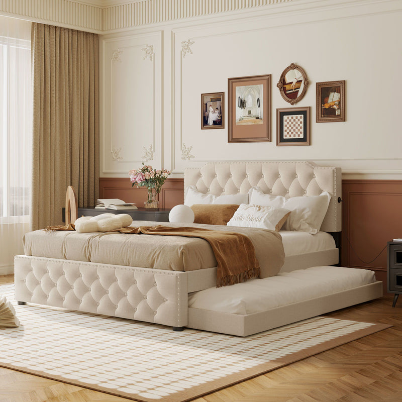 Upholstered Platform Bed With Trundle And 2 Sets Of USB Ports On Each Side, Fabric - R&R Furniture Gallery (Fountain Valley, CA)