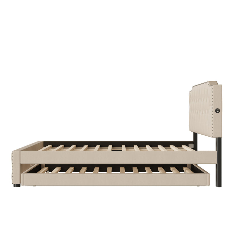 Upholstered Platform Bed With Trundle And 2 Sets Of USB Ports On Each Side, Fabric - R&R Furniture Gallery (Fountain Valley, CA)