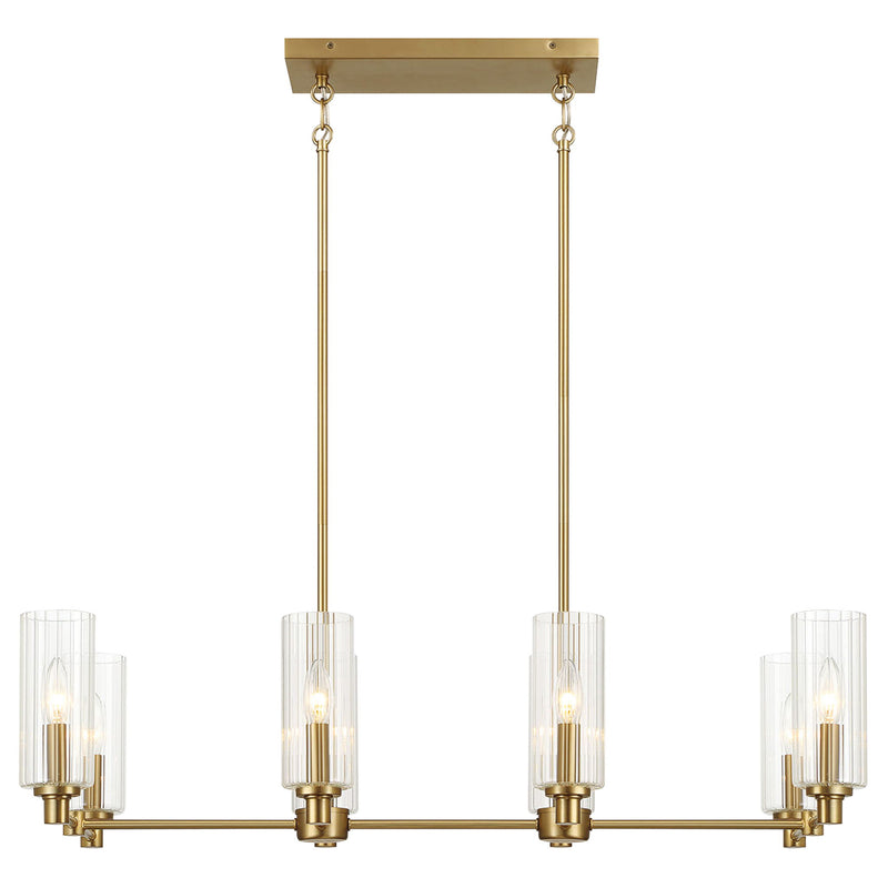 Willow - 8 Lights Island With Clear Ribbed Pendant Lamp Satin - Antique Brass / Clear / Gold - R&R Furniture Gallery (Fountain Valley, CA)