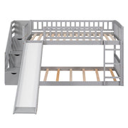 Gray twin over twin bunk bed with stairway, two drawers, and slide by DreamHaus, featuring a sturdy frame and built-in storage.