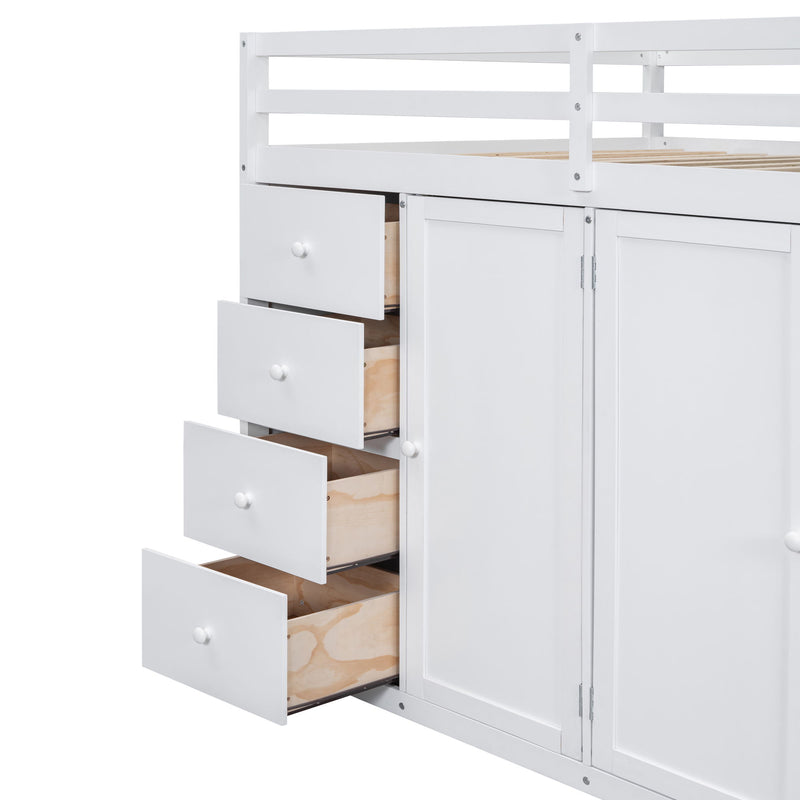 DreamHaus loft bed with built-in wardrobes, cabinets, and drawers, featuring a sturdy wooden frame and integrated storage solutions.