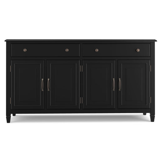 Simpli-Home Connaught large sideboard buffet storage cabinet with wood finish, featuring multiple drawers and spacious doors.