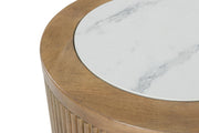 Round end table from Signature Design by Ashley in light brown and white with a smooth, modern finish.