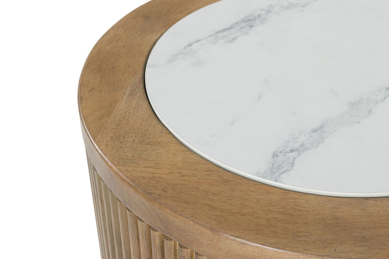 Round end table from Signature Design by Ashley in light brown and white with a smooth, modern finish.